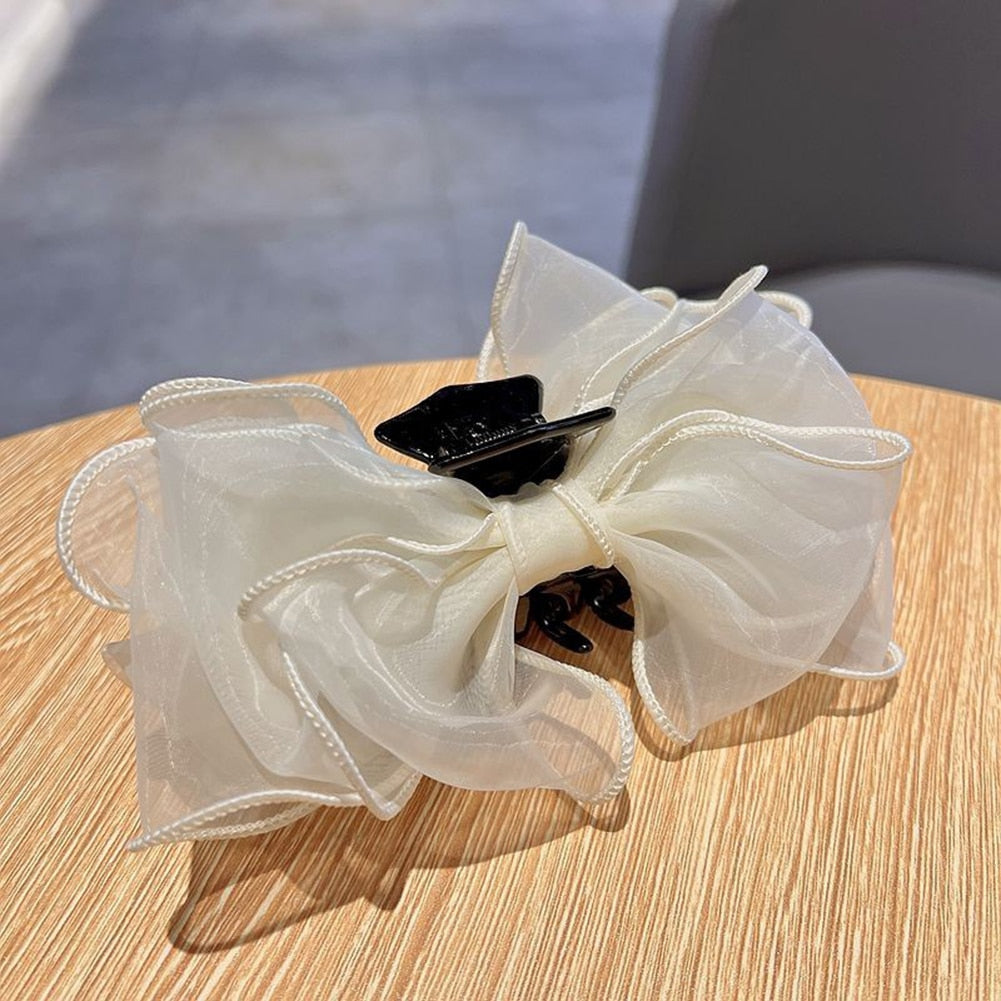 Korea Sweet Mesh Tulle Big Bow Hair Claw Clips for Women White Black Bowknot Hair Clamp Hairpin Headdress Accessories Shark Clip